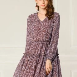 Allegra K Women's Loose V Neck Tiered Floral Shift Dress
