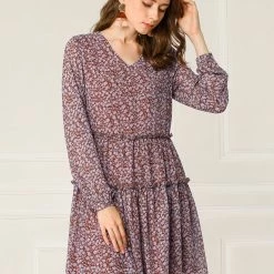 Allegra K Women's Loose V Neck Tiered Floral Shift Dress