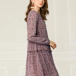 Allegra K Women's Loose V Neck Tiered Floral Shift Dress