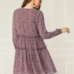 Allegra K Women's Loose V Neck Tiered Floral Shift Dress