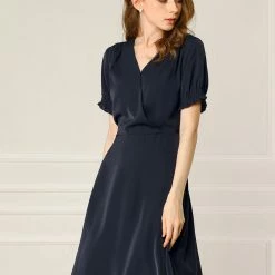 Allegra K Women's Cross V Neck Cinch Sleeves Elastic A-Line Dress 21 Allegra K Women's Cross V Neck Cinch Sleeves Elastic A-Line Dress