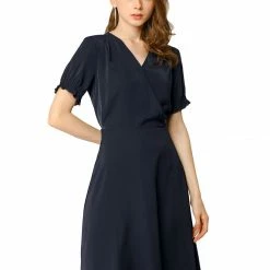 Allegra K Women's Cross V Neck Cinch Sleeves Elastic A-Line Dress 22 Allegra K Women's Cross V Neck Cinch Sleeves Elastic A-Line Dress