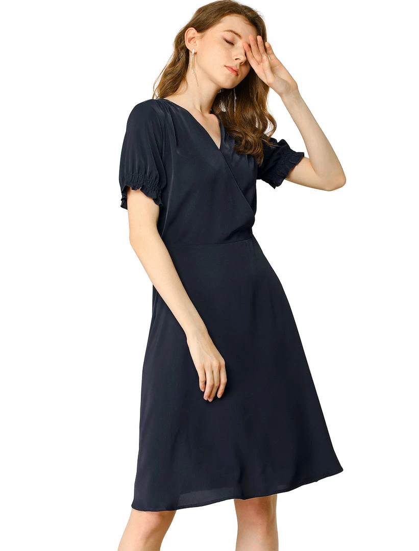 Allegra K Women's Cross V Neck Cinch Sleeves Elastic A-Line Dress 9 Allegra K Women's Cross V Neck Cinch Sleeves Elastic A-Line Dress