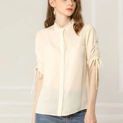 Allegra K Women's Casual Blouse Ruched Half Sleeve Button Up Shirts