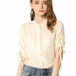 Allegra K Women's Casual Blouse Ruched Half Sleeve Button Up Shirts