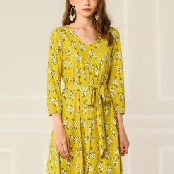Allegra K Women's V Neck 3/4 Sleeve Belted Floral Prints Dress 21 Allegra K Women's V Neck 3/4 Sleeve Belted Floral Prints Dress