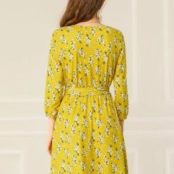 Allegra K Women's V Neck 3/4 Sleeve Belted Floral Prints Dress 23 Allegra K Women's V Neck 3/4 Sleeve Belted Floral Prints Dress