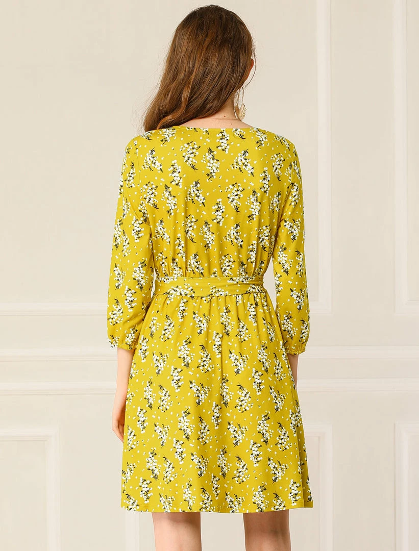 Allegra K Women's V Neck 3/4 Sleeve Belted Floral Prints Dress 12 Allegra K Women's V Neck 3/4 Sleeve Belted Floral Prints Dress