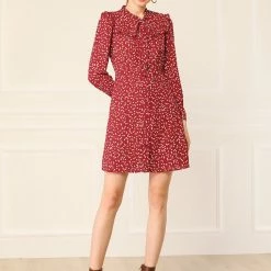 Allegra K Tie Neck Ruffle A-line Polka Dot Dress