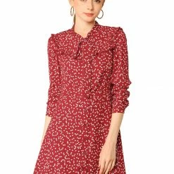 Allegra K Tie Neck Ruffle A-line Polka Dot Dress