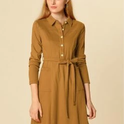 Women Allegra K Half Placket Long Sleeve Short Shirt Dress With Belt