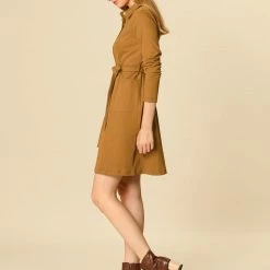 Women Allegra K Half Placket Long Sleeve Short Shirt Dress With Belt