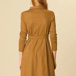Women Allegra K Half Placket Long Sleeve Short Shirt Dress With Belt