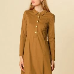 Women Allegra K Half Placket Long Sleeve Short Shirt Dress With Belt