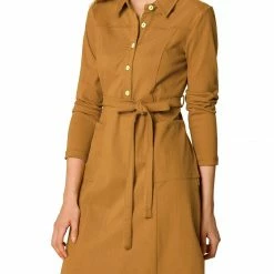 Women Allegra K Half Placket Long Sleeve Short Shirt Dress With Belt