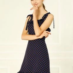 Allegra K Polka Dot Sleeveless Ruffle Tie Mini Dress Women