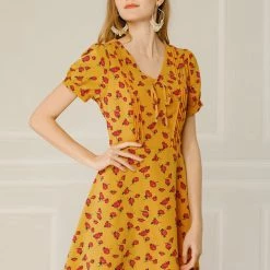Allegra K Women's Short Sleeve Casual Petite Cute Tie V Neck Floral A-Line Dress 33 Allegra K Women's Short Sleeve Casual Petite Cute Tie V Neck Floral A-Line Dress