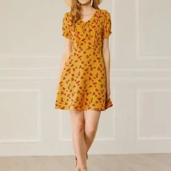 Allegra K Women's Short Sleeve Casual Petite Cute Tie V Neck Floral A-Line Dress 34 Allegra K Women's Short Sleeve Casual Petite Cute Tie V Neck Floral A-Line Dress