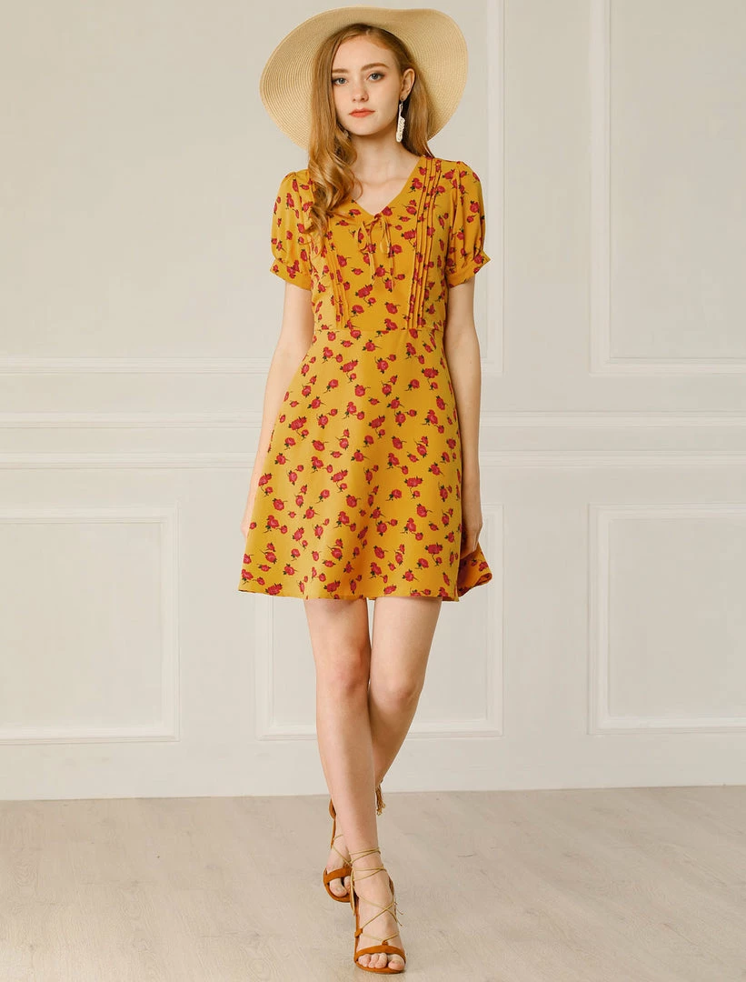 Allegra K Women's Short Sleeve Casual Petite Cute Tie V Neck Floral A-Line Dress 17 Allegra K Women's Short Sleeve Casual Petite Cute Tie V Neck Floral A-Line Dress