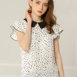 Allegra K Women's Irregular Polka Dot Blouse Flare Sleeve Contrast Collar Top Shirt