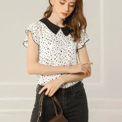 Allegra K Women's Irregular Polka Dot Blouse Flare Sleeve Contrast Collar Top Shirt
