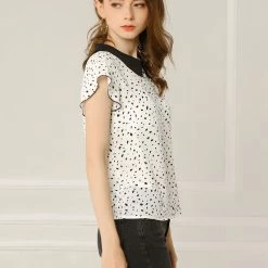 Allegra K Women's Irregular Polka Dot Blouse Flare Sleeve Contrast Collar Top Shirt