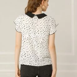 Allegra K Women's Irregular Polka Dot Blouse Flare Sleeve Contrast Collar Top Shirt