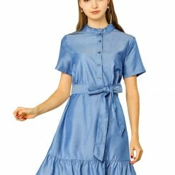 Allegra K Women's Half Placket Ruffle Belted A Line Short Sleeve Shirt Dress