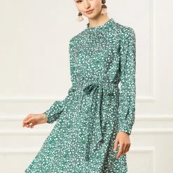 Allegra K Floral Long Sleeve Mock Neck Tie Waist Dress