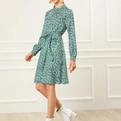 Allegra K Floral Long Sleeve Mock Neck Tie Waist Dress