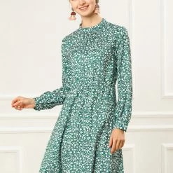 Allegra K Floral Long Sleeve Mock Neck Tie Waist Dress