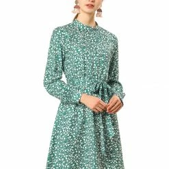Allegra K Floral Long Sleeve Mock Neck Tie Waist Dress