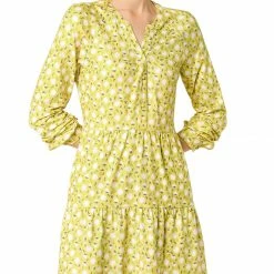 Women Allegra K Floral V Neck Cinched Waist Long Sleeve Dress