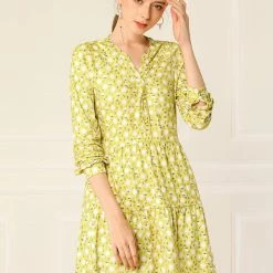 Women Allegra K Floral V Neck Cinched Waist Long Sleeve Dress