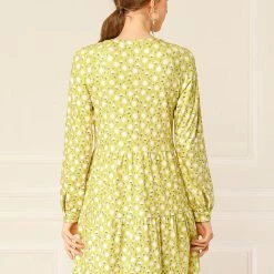 Women Allegra K Floral V Neck Cinched Waist Long Sleeve Dress