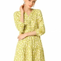Women Allegra K Floral V Neck Cinched Waist Long Sleeve Dress