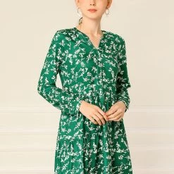 Women Allegra K Floral V Neck Cinched Waist Long Sleeve Dress