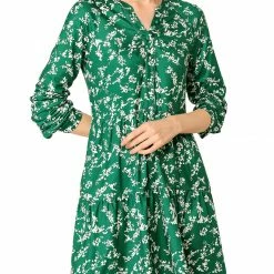 Women Allegra K Floral V Neck Cinched Waist Long Sleeve Dress