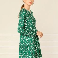 Women Allegra K Floral V Neck Cinched Waist Long Sleeve Dress