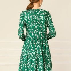 Women Allegra K Floral V Neck Cinched Waist Long Sleeve Dress