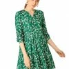 Women Allegra K Floral V Neck Cinched Waist Long Sleeve Dress