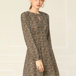 Allegra K Pleated Leopard Dress Women