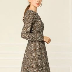 Allegra K Pleated Leopard Dress Women