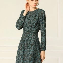 Allegra K Pleated Leopard Dress Women