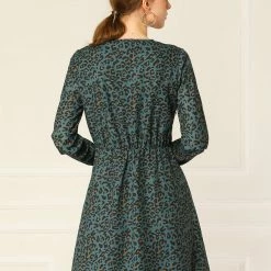 Allegra K Pleated Leopard Dress Women