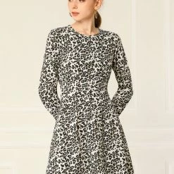 Allegra K Pleated Leopard Dress Women