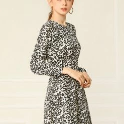 Allegra K Pleated Leopard Dress Women