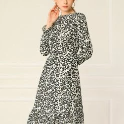Women Allegra K Leopard Keyhole Neck Long Sleeve Dress