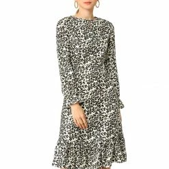 Women Allegra K Leopard Keyhole Neck Long Sleeve Dress