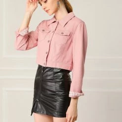 Allegra K Cropped Shirt Jacket With Contrast Collar And Cuffs Women